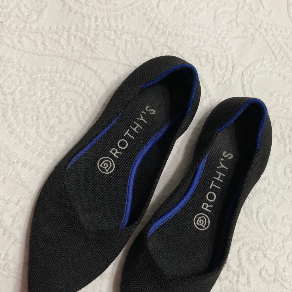 Rothy's Black Pointed Knit Flats with Blue Trim - Picture 2 of 8